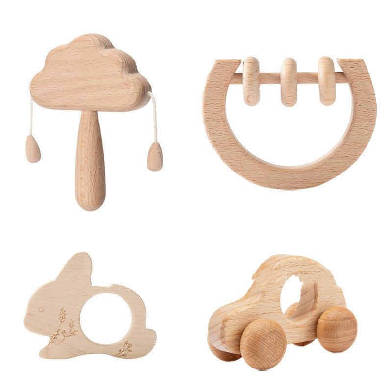 BleuRibbon Baby Wooden Cloud Rattle Set, Montessori-inspired sensory toy for infants, eco-friendly.