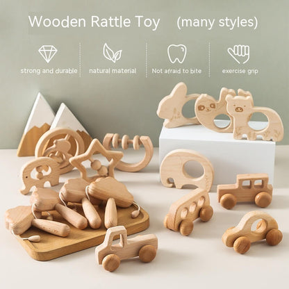 BleuRibbon Baby Wooden Cloud Rattle Set, Montessori-inspired sensory toy for infants, eco-friendly.