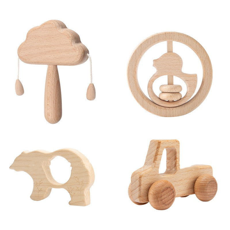 BleuRibbon Baby Wooden Cloud Rattle Set, Montessori-inspired sensory toy for infants, eco-friendly.