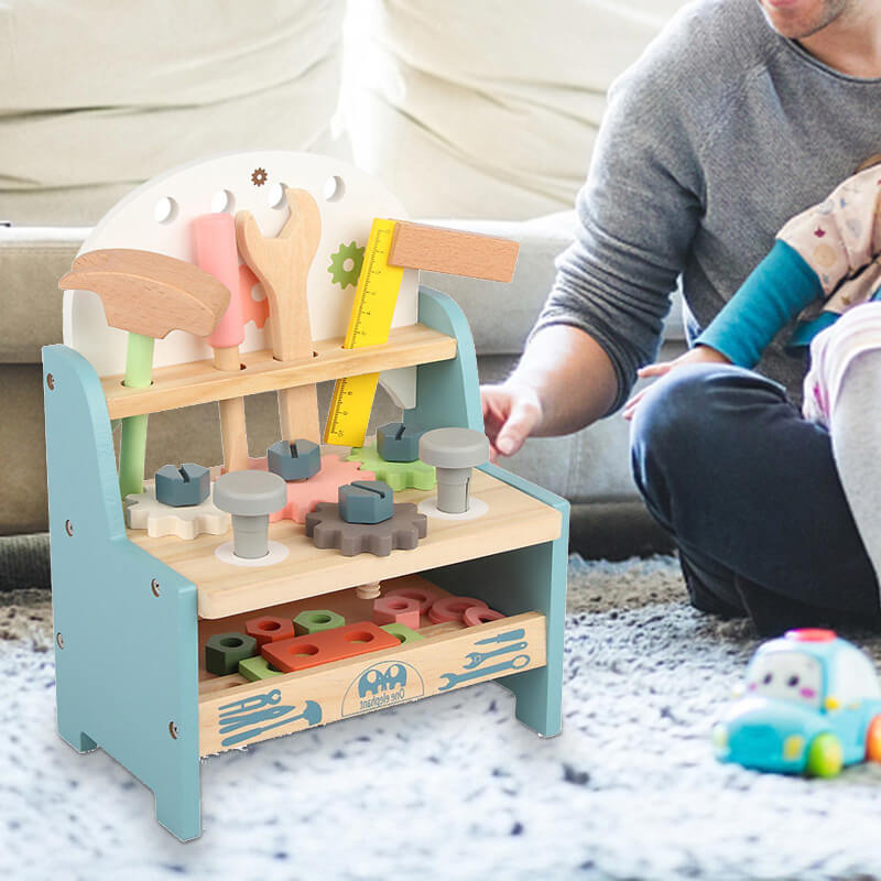 BleuRibbon Baby Wooden Tool Table, educational and interactive playset for fine motor skill development.