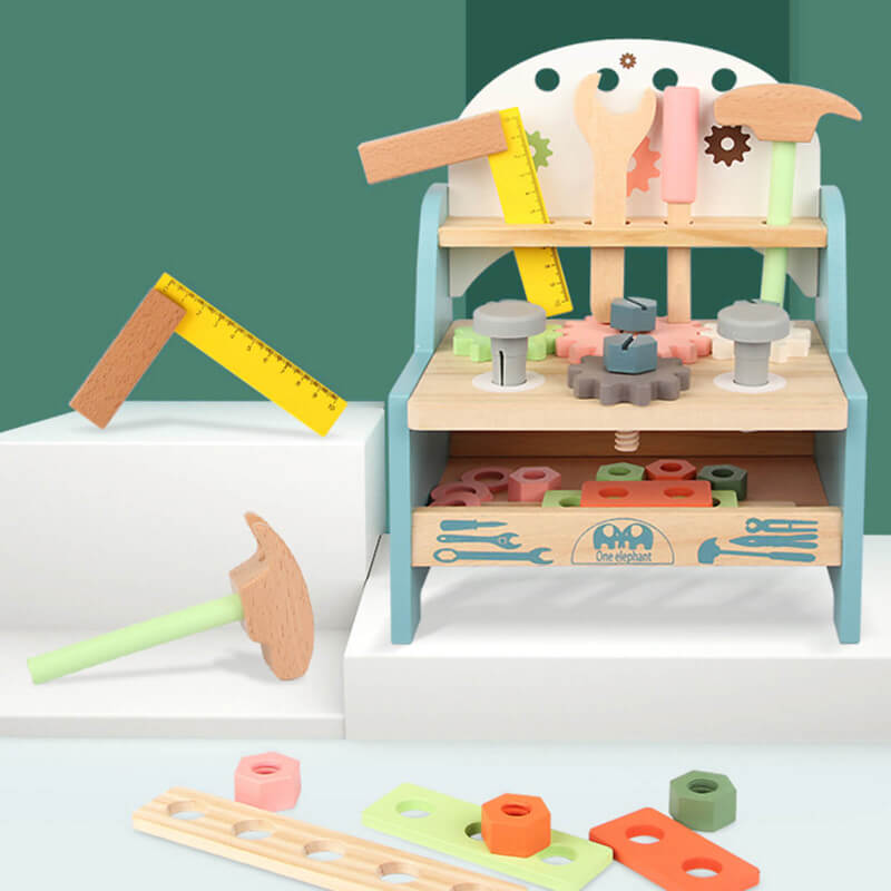 BleuRibbon Baby Wooden Tool Table, educational and interactive playset for fine motor skill development.