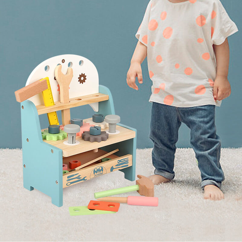 BleuRibbon Baby Wooden Tool Table, educational and interactive playset for fine motor skill development.