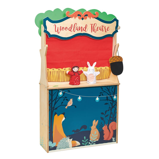 Woodland themed puppet theatre with characters and scenery on a white background Double-sided wooden toy shop and puppet theatre for kids by Tender Leaf Toys.