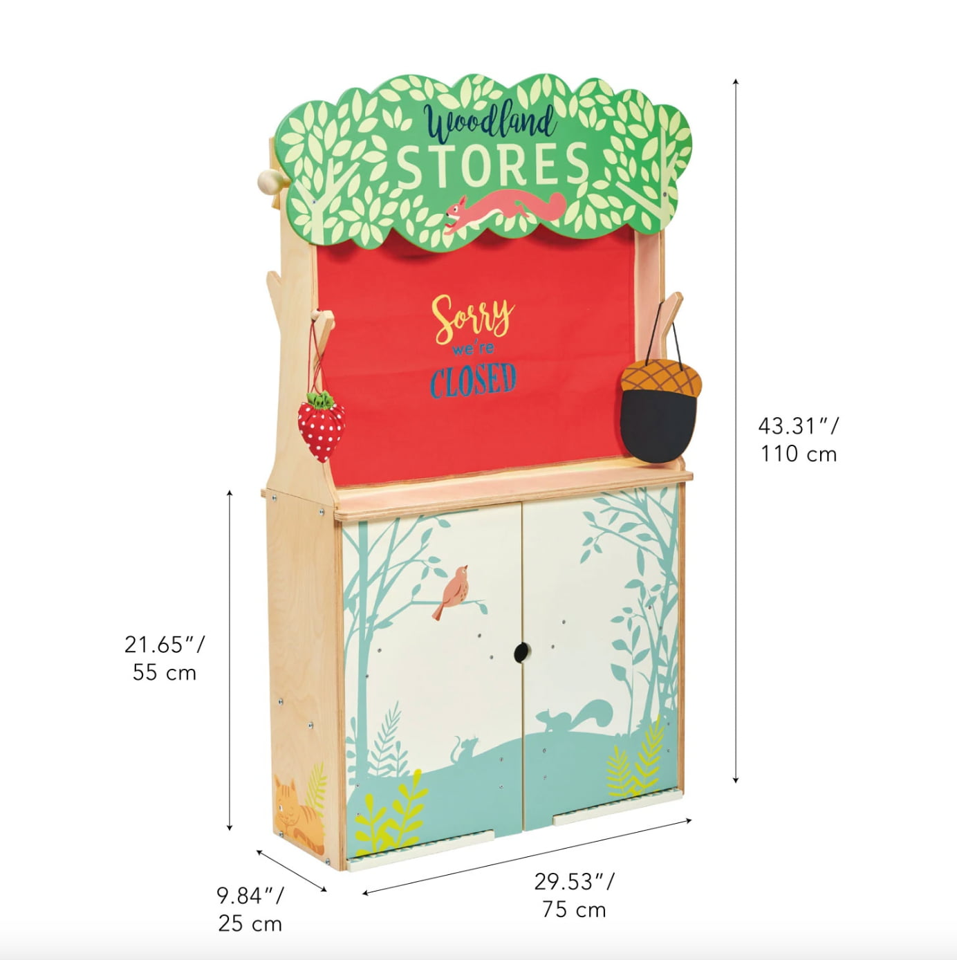 Technical drawing showing the space-saving dimensions of the 75x25x110 cm wooden toy station.