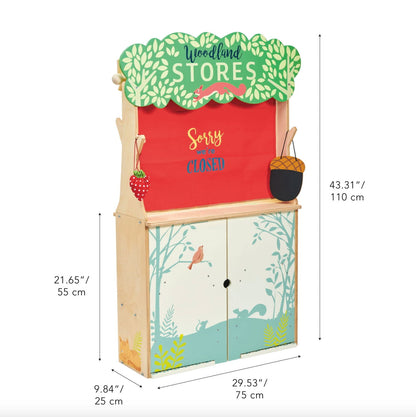 Technical drawing showing the space-saving dimensions of the 75x25x110 cm wooden toy station.