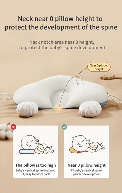Diagram showing near zero pillow height design to protect newborn spinal development compared to high pillows.